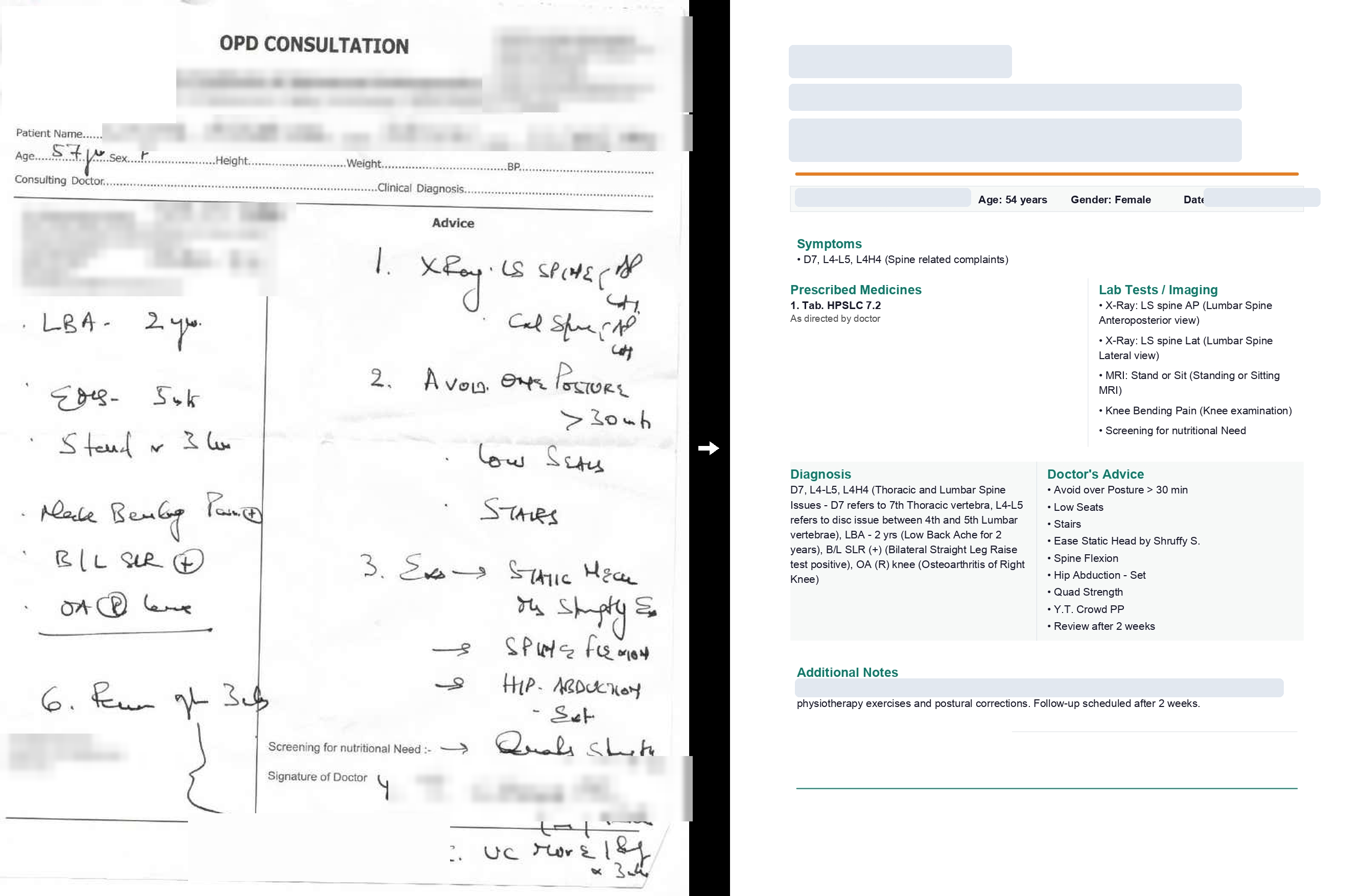 Handwritten prescription on the left, the structured output on the right. Patient, doctor, and clinic details are redacted.